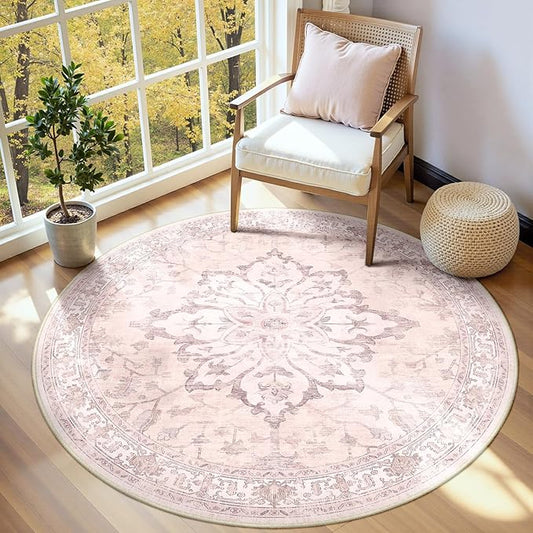 Area Rugs 4ft Washable Non-Slip, Floral Vintage Distress Print Pattern Medallion Carpet for Living Room Bedroom Dining Room, Pink Greypink Cute