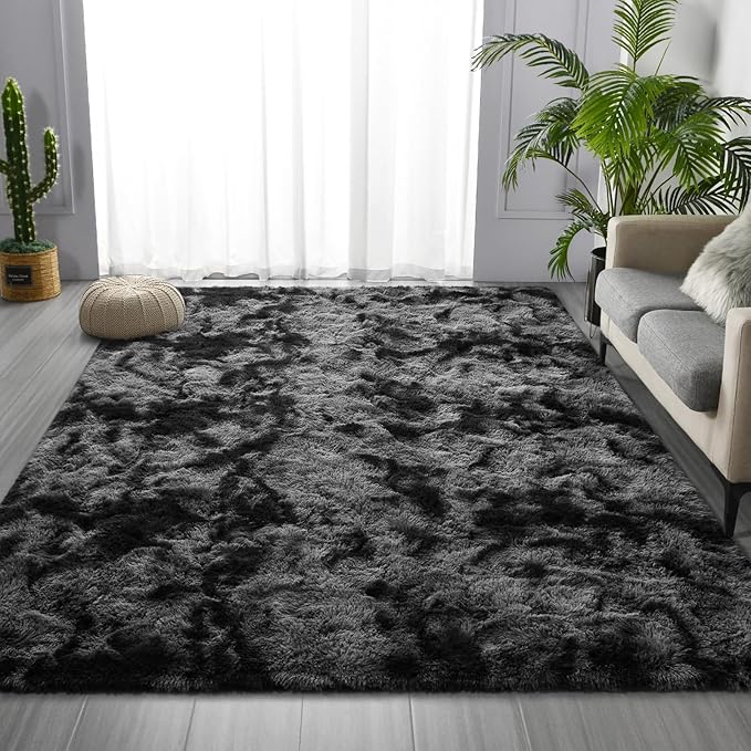 Large Shag Area Rugs 8 x 10, Tie-Dyed Plush Fuzzy Rugs for Living Room, Ultra Soft Fluffy Furry Rug for Bedroom, Indoor Carpet Nursery Rugs for Kids Room Home Decor, Dark Grey