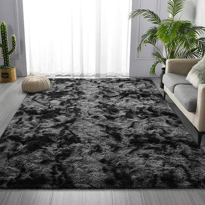 Large Shag Area Rugs 6 x 9, Tie-Dyed Plush Fuzzy Rugs for Living Room, Ultra Soft Fluffy Furry Rug for Bedroom, Indoor Carpet Nursery Rugs for Kids Room Home Decor, Dark Grey