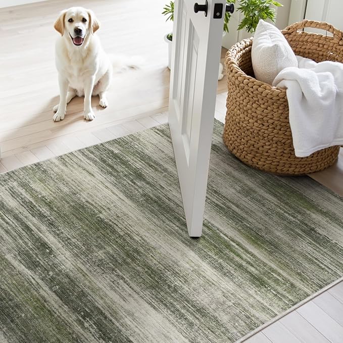 PADOOR Modern Abstract Area Rug - 3x5 Washable Rugs Non-Slip Small Carpet, Ultra Soft Low Pile Floor Rugs for Entrance Front Door Bedroom Bedside Laundry Room Green