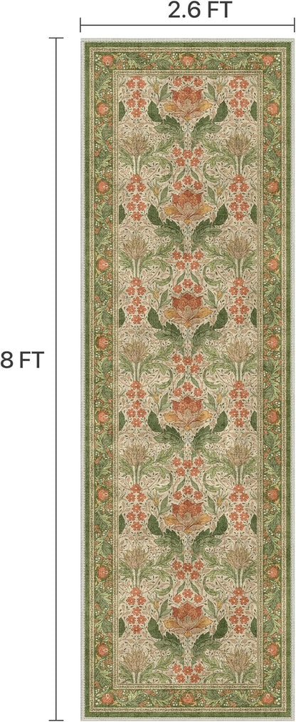 Bavni 2'6''x8 Runner Rug,Microfiber Washable Non-Slip Vintage Floral Rugs,Low Pile Lightweight Carpet for Bedroom,Hallway,Entryway,Kitchen,Bathroom, Sage Green & Burnt Orange