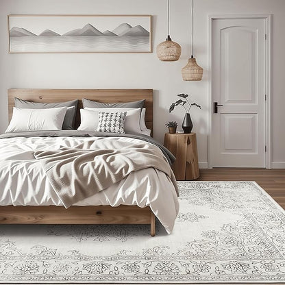 ReaLife Rugs Machine Washable Area Rug - Living Room Bedroom Bathroom Kitchen Entryway Office - Padded Low Pile Stain Resistant Premium - Boho Farmhouse Vintage - Paige - Ivory 5' x 7'