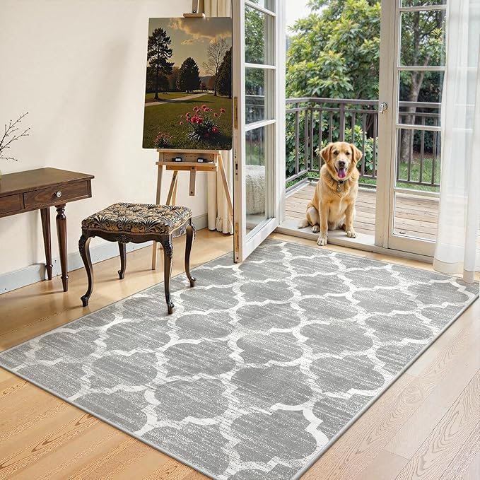 Lahome Moroccan Washable Area Rug - 4x6 Non-Slip Rugs Soft Throw Bedroom Rugs Accent Distressed Faux Wool Floor Carpet for Living Room Entry Office Kitchen Dining Room Decor (4’ X 6’, Gray)