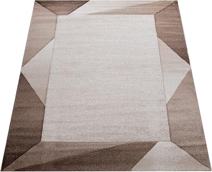 Paco Home Modern Area Rug Bordered with Geometric Pattern in Brown Beige with Contour Cut, Size: 2' x 3'7"