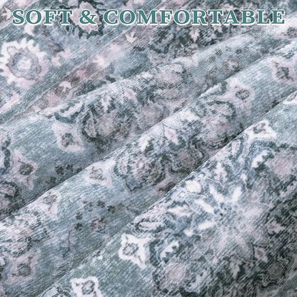 SERISSA Boho 8x10 Area Rugs Blue Grey, Washable Vintage Floral Large Living Room Rug Non-Slip, Ultra Soft Oriental Print Distressed Farmhouse Carpet for Dining Room Bedroom Dorm Office Home Decor