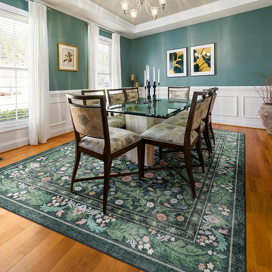 Green Floral 8x10 Area Rugs for Living Room Large Washable Rug Vintage Forest Low Pile Non Slip Stain Resistance Soft Carpet for Dining Room, Bedroom, Office Rug, Kids Room, Nursery Room, Playroom