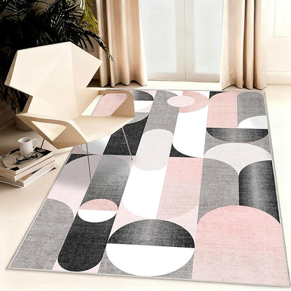 Pink Rug 3x5 Washable Area Rugs for Bedroom Living Room Kitchen Entryway Bedside,Modern Non Slip Carpet,Small Blush Grey Black