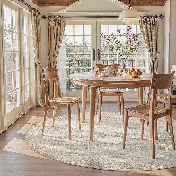 6x6 Beige Round Rug 6ft Living Room Circle Rug Vintage Round Area Rug Non Slip Indoor Carpet for Dining Room Bedroom