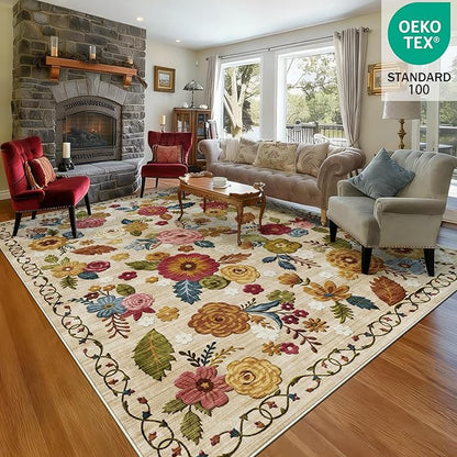 8x10 Machine Washable Area Rug for Living Room, Beige Vintage Boho Floral Rug Large Non-Slip Low Pile Soft Faux Wool Carpet, Kids and Pets Friendly for Bedroom Dining Room Farmhouse Home Decor Rug