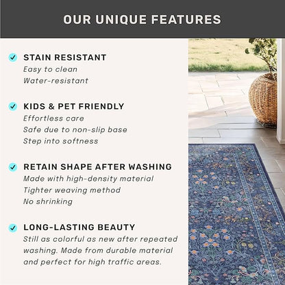 Vintage Dark Blue 3x4 Entryway Rug, Washable Small Area Rugs for Kitchen, Bedroom, Oriental Low Pile Stain Resistant Non-Slip Large Rug