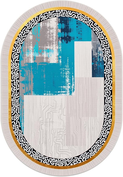 Vintage Luxury Grey Blue Gold Abstract Geometric Texture Oval Area Rug 7x9 for Living Room Bedroom Dining Room Minimalist Bordered Large Rugs Nursery Dorm Kitchen Entryway Soft Non Skid Floor Carpet