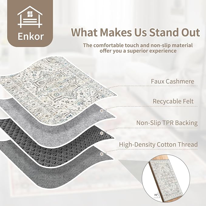 Enkor Area Soft Rugs 9x12 Washable Non Slip Boho Floor Rugs for Living Room Bedroom, Vintage Style Farmhouse Mat for Kitchen Entryway White & Grey