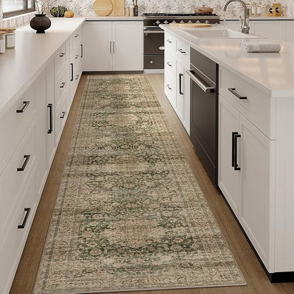 2x10 Washable Vintage Runner Rug Green Brown Hallway Kitchen Carpet Non-Slip Soft Low Pile Distressed Throw Rug for Bedroom Bathroom Laundry Living Room