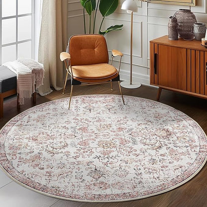 jinchan Kalen Round Rug 7ft Area Rug Washable Vintage Indoor Retro Accent Floor Cover Distressed Floral 7' Round Circle Boho Non Slip Thin Carpet for Living Room Dining Room Bedroom Kitchen Red