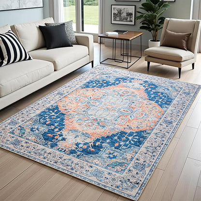 Area Rug for Living Room, 8x10 Machine Washable Non Slip Large Faux Wool Throw Rug, 0.3″ Low Pile & Non-Shedding Boho Large Carpet Rugs for for Dining Room, Bedroom, Office (Blue)