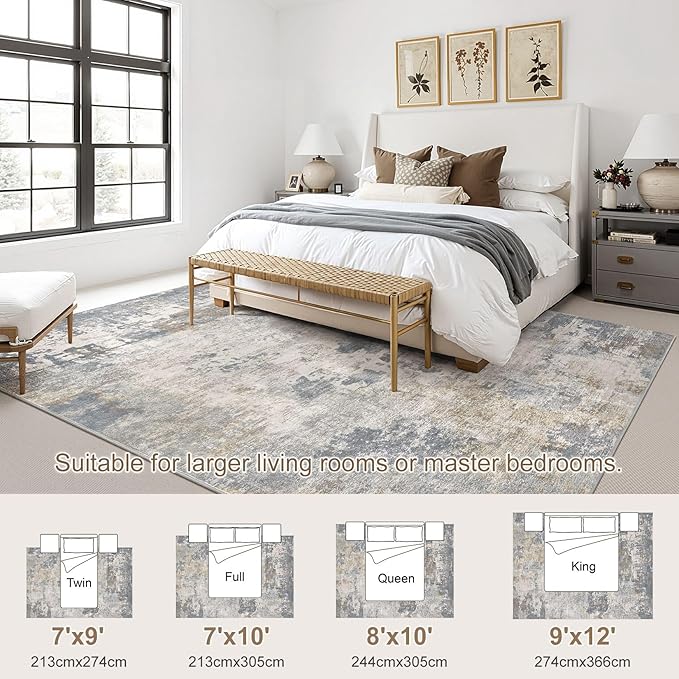 7x9 Area Rug Living Room Rugs - Washable Neutral Modern Abstract Soft Thin Large Rug Indoor Floor No Slip Rug Carpet for Bedroom Under Dining Table Home Office Decor - Blue Grey