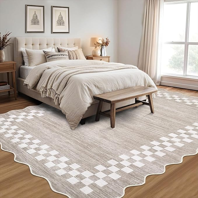 GarveeHome 4x6 Area Rug Small Washable Living Room Rug Scalloped Rug with Rubber Backing Stain Resistant Low Pile Dining Room Throw Carpet Modern Bordered Mat for Bedroom Kitchen, Fog