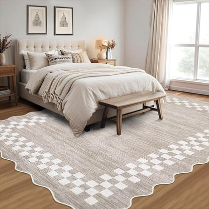 GarveeHome 8x10 Area Rug for Living Room Scalloped Washable Large Bedroom Rug Non Slip Stain Resistant Modern Border Dining Room Throw Carpet Scalloped Boho Rug for Home Decor Office Nursery, Fog