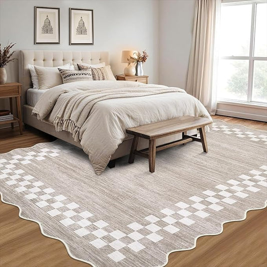 GarveeHome Washable Rug 5x7 for Living Room Large Bedroom Scalloped Rug Non Slip Stain Resistant Modern Border Throw Carpet Soft Boho Rug for Dining Room Nursery Home Office, Fog