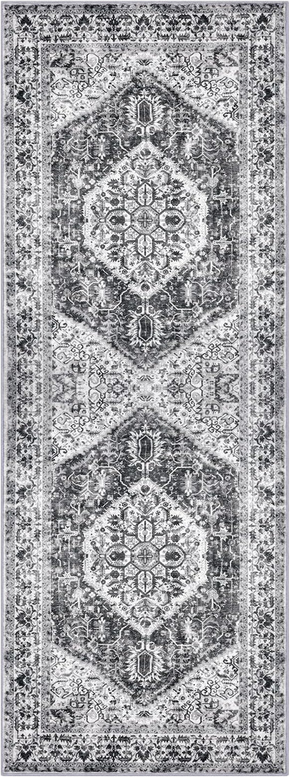 KOZYFLY Runners for Hallways 3x8 Ft Washable Kitchen Runner Rug Boho Runner Rug for Entryway Indoor Printed Faux Wool Floor Carpet for Bedroom Kitchen Hall, Grey