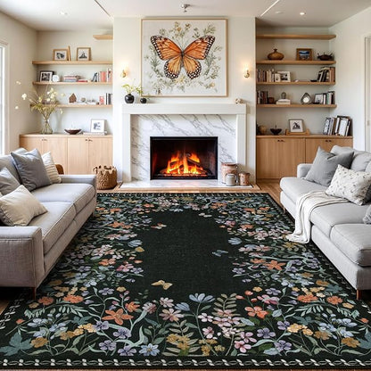 Wonnitar Washable 8x10 Rug, Non-Slip Soft Black Botanical Area Rugs for Living Room, Non-Shedding Large Bedroom Rug, Ultra-Thin Stain Resistant Floor Carpet for Dining Table (Black,8'x10')