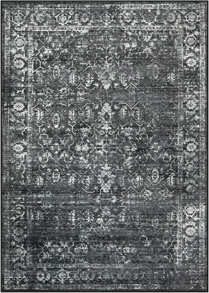 Morebes Washable Black 5x7 Area Rugs for Bedroom Non-Slip, Vintage Floral Rugs for Living Room, Soft Distressed Indoor Floor Retro Boho Throw Carpet for Dorm Playroom Home Office Foyer