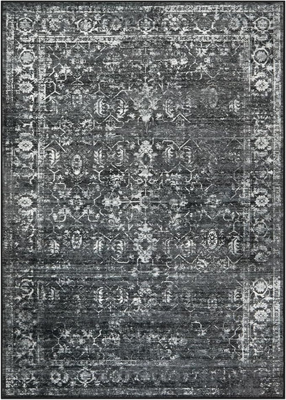Morebes Washable Black 5x7 Area Rugs for Bedroom Non-Slip, Vintage Floral Rugs for Living Room, Soft Distressed Indoor Floor Retro Boho Throw Carpet for Dorm Playroom Home Office Foyer