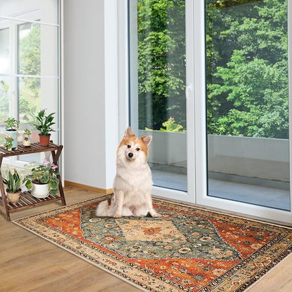 COMSLE Boho Area Rug, 3' x 5' Machine Washable Rugs for Entryway Faux Wool Large Rugs Distressed Throw Rug Non-Slip Floor Carpet for Indoor Bedroom Kitchen Living Room
