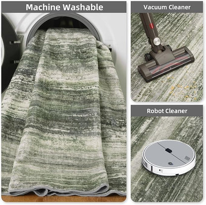 PADOOR Modern Abstract Runner Rug - 2x6 Washable Hallway Rugs, Ultra Soft Non-Slip Low Pile Floor Rugs for Hallway Entryway Kitchen Bedroom Bedside Laundry Room Green