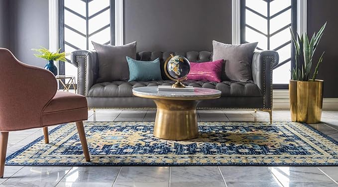 Unique Loom Taftan Collection Border Geometric Tribal Inspired Design Area Rug (9' 0 x 12' 0 Rectangular, Navy Blue/ Gold)