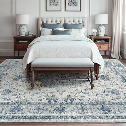 Area Rugs 6'x8' Washable Non-Slip, Floral Vintage Distress Print Pattern Medallion Carpet for Living Room Bedroom Dining Room, Light Blue Navy Beige Gray White