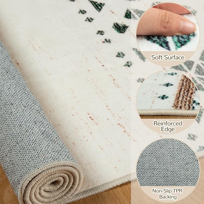 BESTSWEETIE 2x3 Area Rugs for Living Room Washable Moroccan Farmhouse Neutral Geometric Low Pile Non-Slip Soft Print Pattern Rug for Bedroom Kitchen Dining Room Entryway Green/Brown