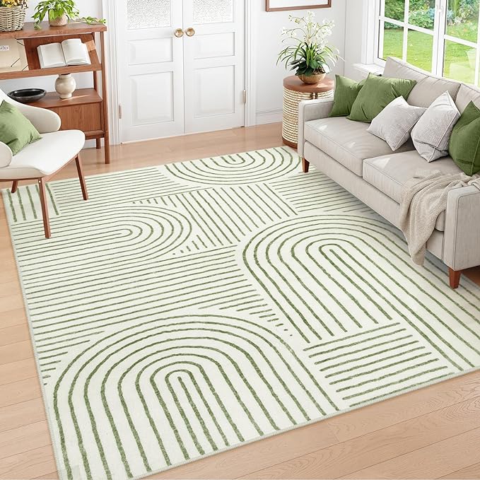 Lahome Abstract Washable Area Rug 5x7, Soft Bedroom Rug Ultra-Thin Non Slip Green Rugs for Living Room, Modern Accent Rug Large Carpet for Dining Room Office(5'x7',Green)