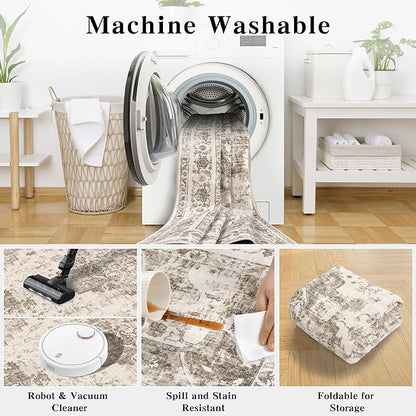 6x9 Vintage Washable Area Rugs Boho Medallion Large Distressed Retro Accent Carpet Floral Non-Slip Soft Low Pile Indoor Throw Rug for Living Room Bedroom Dining Room Office Kitchen, Taupe