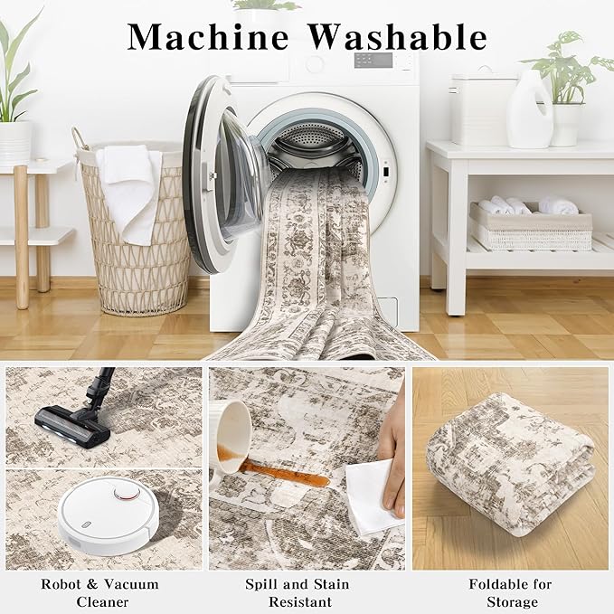 2x6 Hallway Washable Runner Rug Vintage Non-Slip Soft Kitchen Mat Boho Medallion Distressed Farmhouse Carpet Floral Low Pile Indoor Throw Rug for Entryway Bathroom Living Room Bedroom, Taupe