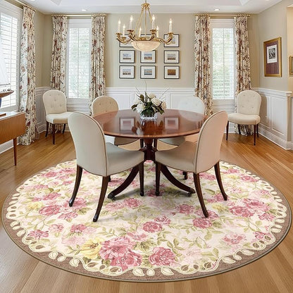 6ft Round Machine Washable Area Rug for Living Room, Pink Vintage Boho Floral Rug Large Non-Slip Low Pile Soft Faux Wool Carpet, Kids and Pets Friendly for Bedroom Nursery Farmhouse Home Decor Rug