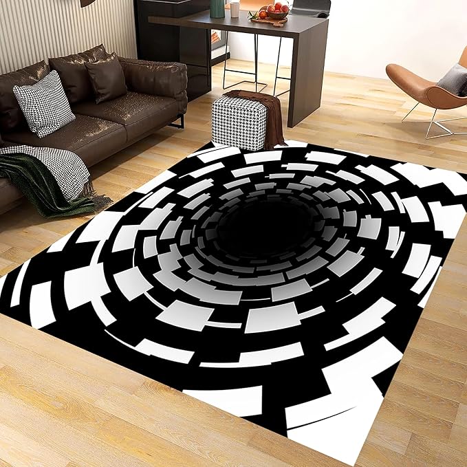 3D Illusion Swirl Area Rugs, 3x5ft, Modern Abstract Grid Black Hole Living Room Carpet, Geometric Black White Check Washable Carpets, Ultra Soft Cozy Shed Resistant Mat for Indoor