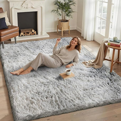 5x7 Area Rugs for Living Room Bedroom, Soft Fluffy Shaggy Bedside Rug, Indoor Floor Carpet for Kids Playroom, Dorms, Nursery Rooms, Home Decor (Tie-Dyed Light Grey 5'x7')