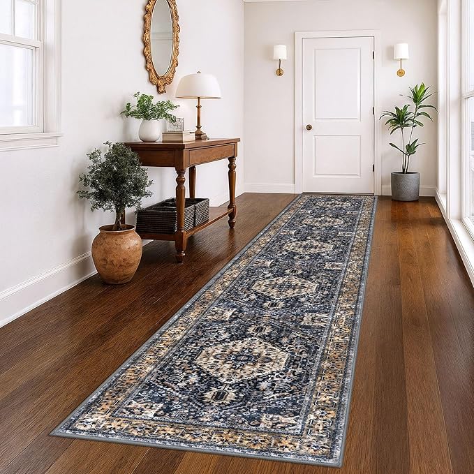 KOZYFLY Runners for Hallways 3x14 Ft Extra Long Washable Kitchen Thin Runner Rug Boho Runner Rug for Entryway Indoor Printed Faux Wool Stair Floor Carpet for Stair Kitchen Hall, Gold/Navy