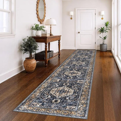 KOZYFLY Runners for Hallways 3x14 Ft Extra Long Washable Kitchen Thin Runner Rug Boho Runner Rug for Entryway Indoor Printed Faux Wool Stair Floor Carpet for Stair Kitchen Hall, Gold/Navy