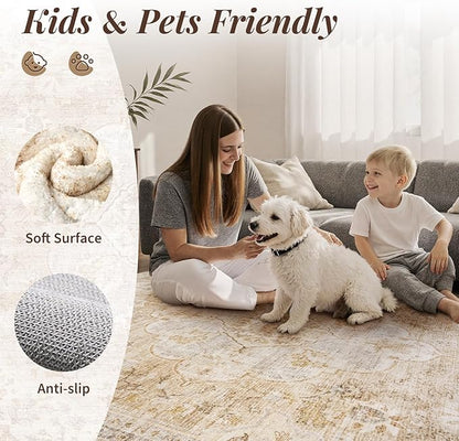tchdio 8x10 Area Rugs for Living Room, Vintage Non Slip Washable Rug, Soft Low Pile Neutral Area Rug Large Floor Indoor Carpet for Bedroom, Dining Room, Office (Beige, 8'x10')