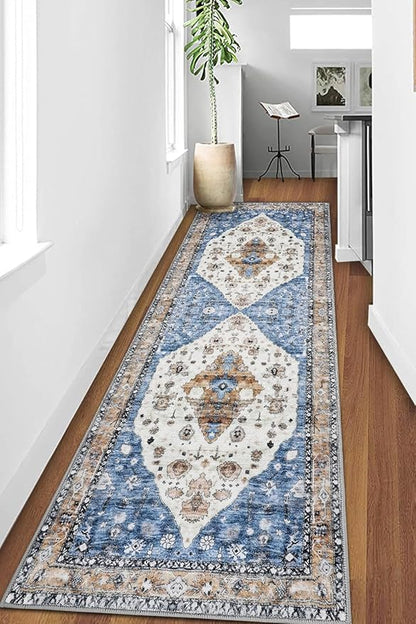 COMSLE Boho Runner Rug, 2' x 8' Washable Area Rugs for Hallway Faux Wool Small Kitchen Distressed Throw Rug Non-Slip Laundry Room Carpet Runner for Entryway Indoor Door Mat Bedroom