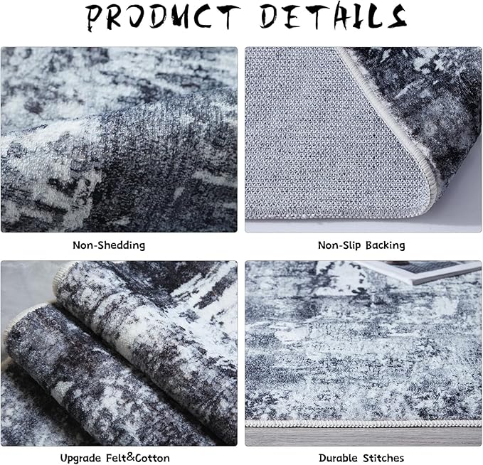Rugcomf 9x12 Washable Boho Rug - Soft, Non-Slip, Non-Shedding Faux Wool Vintage Rug for Living Room, Dining Room, Kids Playroom, Indoor - Grey and Black