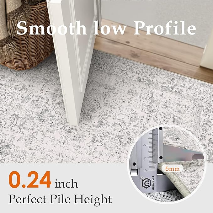 Gray Runner Rug 2x5 Hallway Machine Washable Kitchen Vintage Distressed Non Slip Carpet Indoor Grey Retro Floral Bedroom Accent Throw Rug for Bathroom Office Laundry Dining Living Room