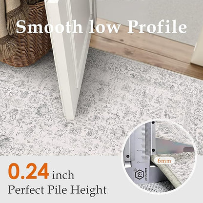 Gray Area Rug 3x5 Office Entryway Rug Machine Washable Kitchen Vintage Distressed Non Slip Carpet Indoor Grey Retro Floral Accent Throw Door Mat for Bathroom Bedroom Dining Living Room