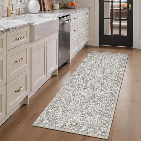 Bavni 2'6''x6 Rug Runners for Hallways, Washable Runner Rug Non Slip, Vintage Floral Print Style Rugs for Bedroom-Lightweight Low Pile Carpet for Hallways Bathroom,Light Gery