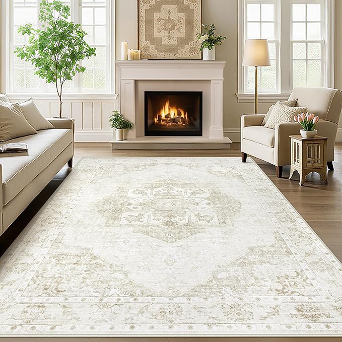 5x7 Area Rugs Washable Rugs for Living Room, Vintage Boho Rug Non-Slip Soft Floral Distressed Rug Low Pile Stain Resistant Carpet for Bedroom Nursery Office Dining Room Farmhouse Dorm(Beige, 5'x7')