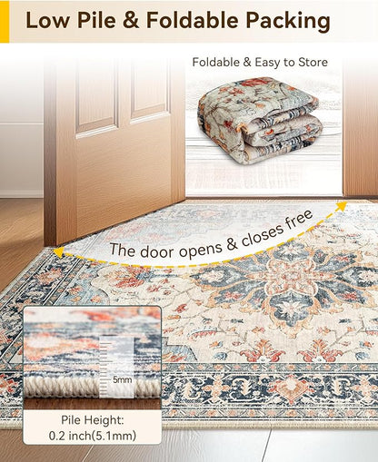 Area Rugs 2'x7' Washable Non-Slip, Floral Vintage Distress Print Pattern Medallion Carpet for Living Room Bedroom Dining Room, Beige Navy Blue Orange Colorful