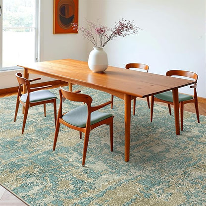 WITSHOCK Living Room Area Rugs 9x12：Modern Abstract Machine Washable Large Rug for Bedroom Dining Room Non-Slip Stain Resistant Home Office Decor,Teal Brown