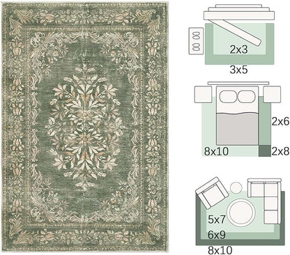 jinchan Green Floral 2x3 Rug for Entryway - Vintage Washable Area Rug Ultra-Thin Low Pile Soft Small Non Slip Distressed Doormat for Entrance Kitchen Bathroom Bedroom (2x3ft,Dark Green)